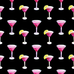 pattern with cocktail cosmopolitan watercolor illustration, alcoholic drink for girls