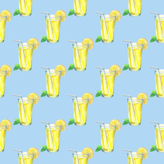 pattern with lemonade with mint. Image of a drink. Watercolor hand drawn illustration