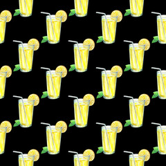 pattern with lemonade with mint. Image of a drink. Watercolor hand drawn illustration