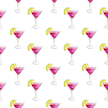 pattern with cocktail cosmopolitan watercolor illustration, alcoholic drink for girls