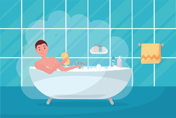 Young man in bathtub bubble foam. Bathroom home interior with bath in tile. Guy holding washcloth. picture on personal hygiene. Flat cartoon vector illustration