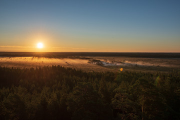 colorful misty sunrise over the forest with mist and light rays
