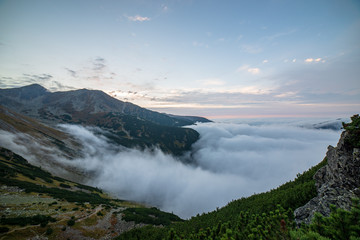 large misty cloud climbing mountain valley in slovakia, Tatra