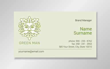 Business card design template with green man graphic sign on light green background. Good for brewing and wine companies, restaurants; pubs, bars, alcohol shops.
