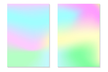 Gradient Hologram Backgrounds. Set of colorful holographic posters in retro style. Vibrant neon pastel texture. Vector gradient template for flyer, banner, mobile screen.