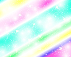 Unicorn rainbow background. Holographic sky in pastel color. Bright mermaid pattern in princess colors. Vector illustration. Fantasy gradient colorful backdrop with rainbow mesh.