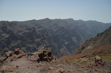 Views From The Summit Of The National Park Of The Caldera Of Taburiente With Formations Of Basalt Rocks. Travel, Nature, Holidays, Geology.11 July 2015. Isla De La Palma Canary Islands Spain.