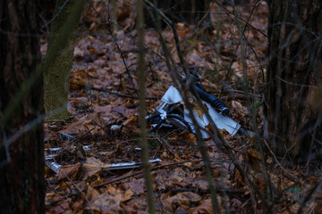 illegal dumpster in wet damp forest in autumn