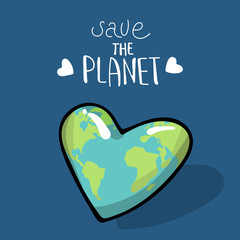 save the planet. Vector illustration on blue background. A earth globe. Lettering. logo. Concept of energy saving and ecology. Heart shaped globe