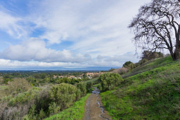 Fototapeta na wymiar Panoramic view in Rancho San Antonio county park on a stormy day, south San Francisco bay, California