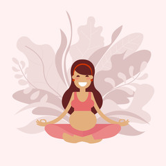 A pregnant young long-haired yoga girl is meditating in an Sukhasana easy pose