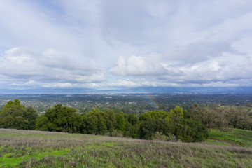 View towards south San Francisco bay after a storm; landscape with rainbow, California