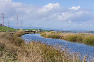 Running creek after a week of rain on the bay trail near Sunnyvale, south San Francisco bay area, California