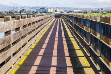 Wooden bridge in Don Edwards wildlife refuge, Fremont, San Francisco bay area, California