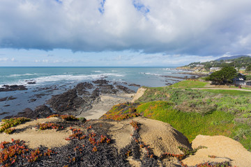 View towards Fitzgerald Marine Reserve at low tide from the path on the bluffs, Moss Beach, California