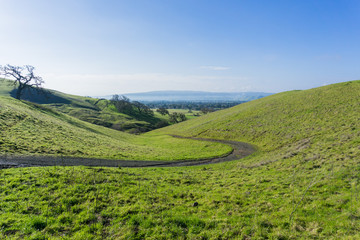 Fototapeta na wymiar Path on the green hills and valleys of Coyote Lake - Harvey Bear Park, Morgan Hill, California