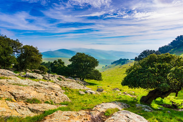 Fototapeta na wymiar Panoramic view in Brushy Peak Regional Park on a cloudy day, East San Francisco bay, Livermore, California
