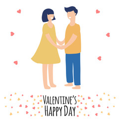 Valentine's day background with couple in love and colorful hearts. Happy Valentine's day text. Holding hands happy women and man.  Vector illustration