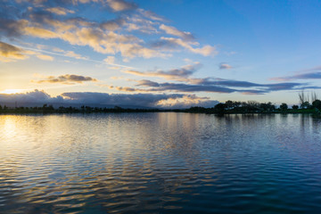 Fototapeta na wymiar Sunset at Shoreline Lake Park, Mountain View, Silicon Valley, San Francisco bay, California
