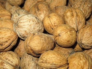 Whole walnuts heap for background. Dry nuts with shells, brain food