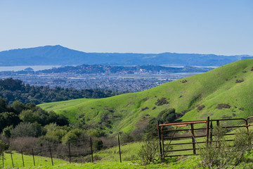 View towards Richmond from Wildcat Canyon Regional Park, East San Francisco bay, Contra Costa county, Marin County in the background, California