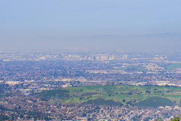Naklejka premium View towards the financial district in San Jose from the hills of Almaden Quicksilver County Park, south San Francisco bay, California