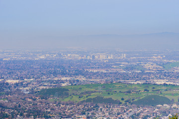View towards the financial district in San Jose from the hills of Almaden Quicksilver County Park, south San Francisco bay, California