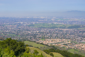 Fototapeta na wymiar View towards San Jose from the hills of Almaden Quicksilver County Park, south San Francisco bay, California