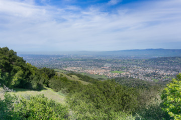 Fototapeta na wymiar View towards San Jose from the hills of Almaden Quicksilver County Park, south San Francisco bay, California