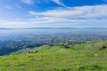 Fototapeta na wymiar View towards San Jose from the hills of Sierra Vista Open Space Preserve, south San Francisco bay, California