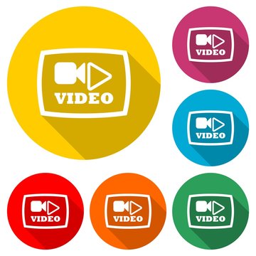  Video button, Play button, icon or logo, color set with long shadow
