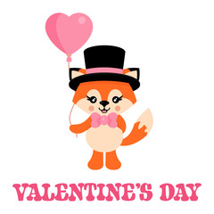 cartoon cute fox with tie and hat with lovely balloons vector and text