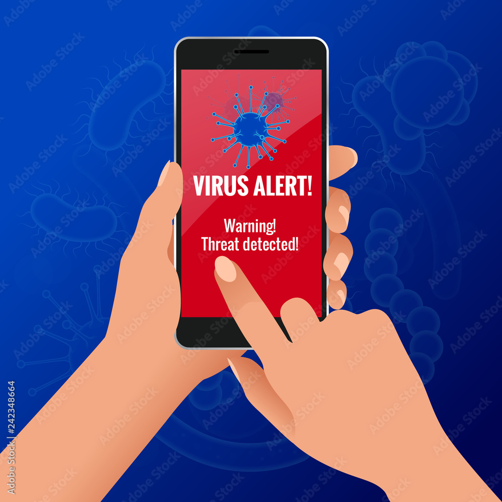 Poster woman hand holding a generated touch phone with virus alert on the screen concept. hacking smartphon