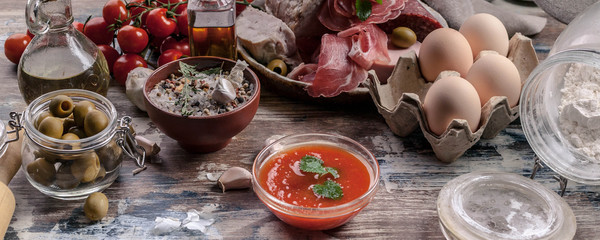 Food banner. Ingredients for cooking traditional Italian pizza. Top view