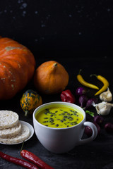 Pumpkin asian coconat cream soup. Autumn hot food