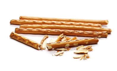 Salty cracker pretzel sticks isolated on white background