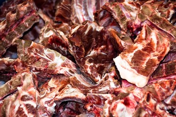 Juicy slices of fresh red pork meat. Meat is made from animals from a farm in a meat factory.
