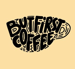 It's coffee o'clock. Decorative letter. Hand drawn lettering. Quote. Vector hand-painted illustration. Decorative inscription. Morning coffee. Coffee break. Vintage illustration.