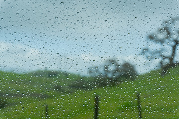 Drops of rain on the window; blurred green meadows in the background; shallow depth of field