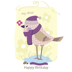 Happy birthday greeting card, image of little bird with flower on color background - Vector Graphics