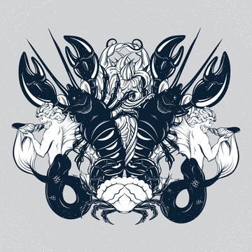 recommend clip art: Vector hand drawn illustration of triton , lobster,  crab in realistic line style. Mythology artwork. Tattoo art with symmetric composition. Template for card poster bannerprint for t-shirt.