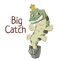 Big fish Pike in a bucket cartoon character in vector. Happy fishing!