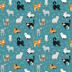 Cat background, seamless pattern. Vector flat illustration. Kitty, Pets.