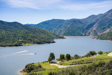 Pyramid Lake Landscape as seen from Vista del Lago rest area on I5, Los Angeles County, California