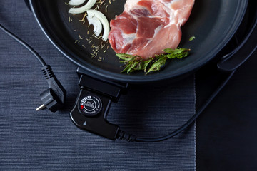 electric pan meat skillet pot connector plug food fry electrical adjustable onion black brown...