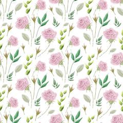 seamless background of the drawings of flowers, roses and leaves. pattern pink flowers buds