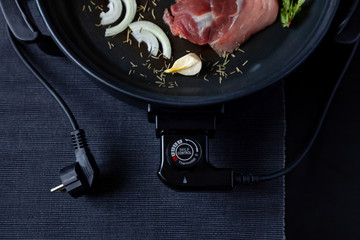 electric pan meat skillet pot connector plug food fry electrical adjustable onion black brown...