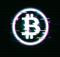 glitch bitcoin. production of crypto currency. vector illustration