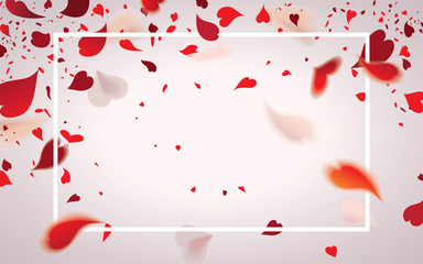 Falling romantic abstract transparent red heart shaped confetti in the cover isolated on light background.Valentine's day concept.