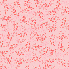 Fototapeta premium Illustration of sprigs arranged irregularly in shades of red and pink. Stylish repeating graphic pattern with plant silhouettes. Vector seamless pattern great for fabric. Surface repeat design.
